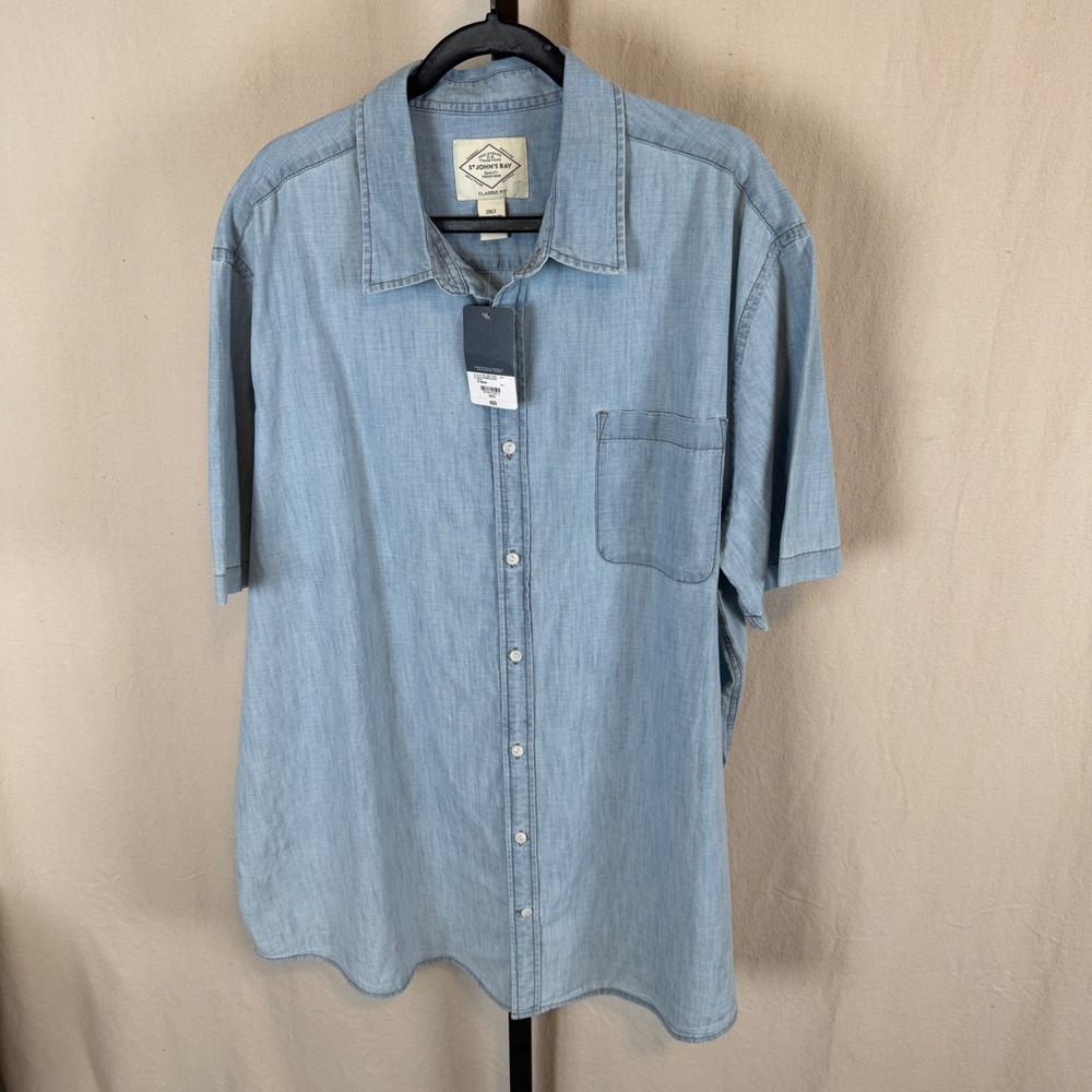 New St Johns Bay Mens 2XLT Chambray Shirt Short Sleeve Light Wash Cotton
